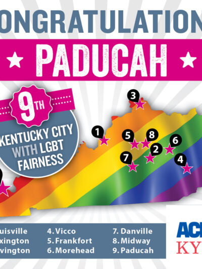 Graphic of Kentucky showing 9 cities with Fairness ordinance