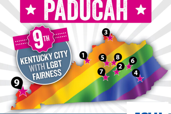 Graphic of Kentucky showing 9 cities with Fairness ordinance