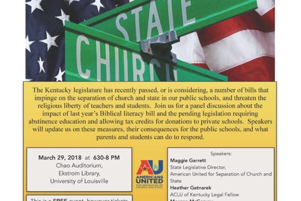 Flyer for Separation of Church and State Event at UofL March 29