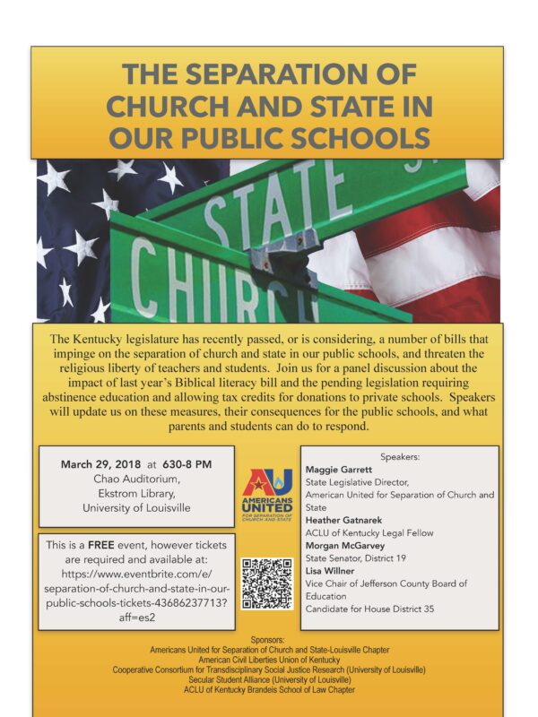 Flyer for Separation of Church and State Event at UofL March 29