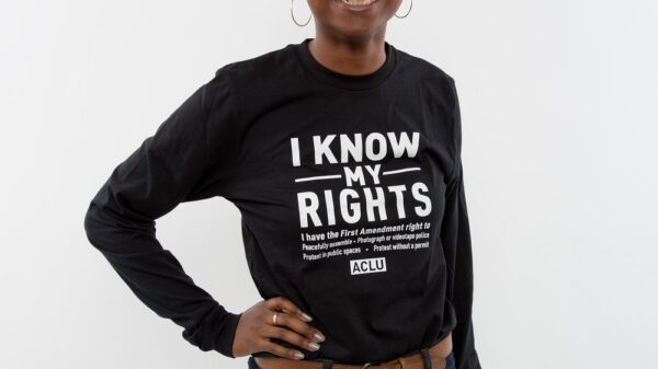 Woman in I Know My Rights t-shirt