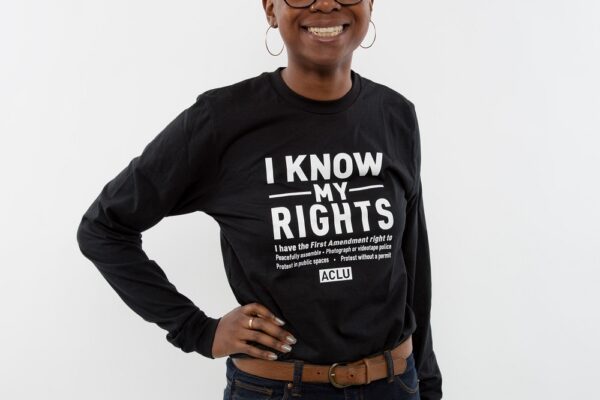Woman in I Know My Rights t-shirt