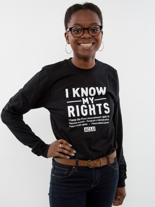 Woman in I Know My Rights t-shirt