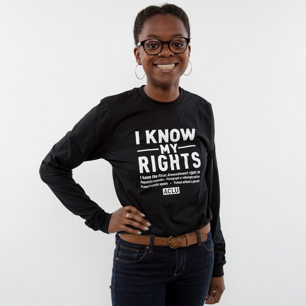Woman in I Know My Rights t-shirt