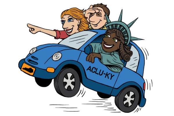 Car w/lady liberty and two other people in the car