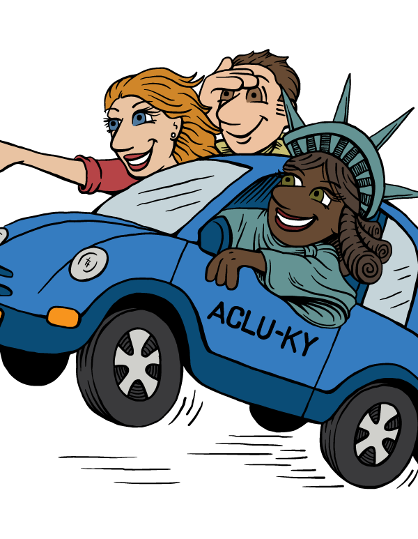 Car w/lady liberty and two other people in the car