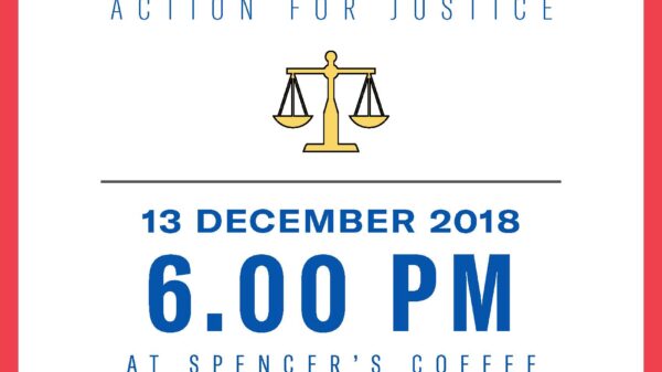 Flyer for Act for Justice Event with text and balanced scale graphic