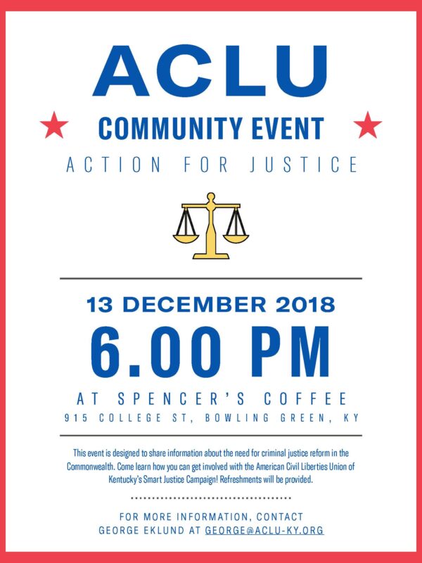 Flyer for Act for Justice Event with text and balanced scale graphic