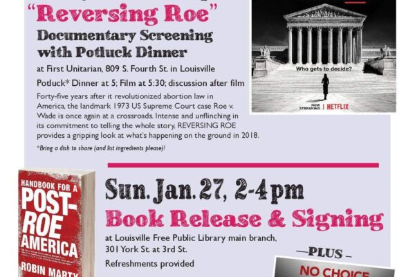 Movie poster for Reversing Roe, Post Roe Handbook, Book signing