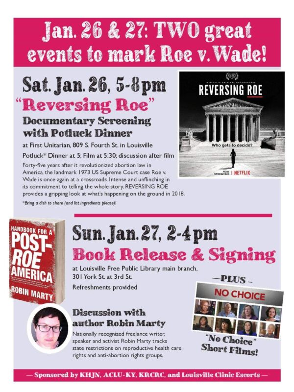Movie poster for Reversing Roe, Post Roe Handbook, Book signing