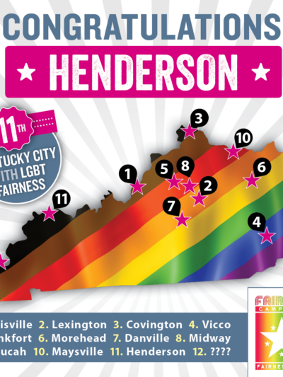 Map of Kentucky indicating of the 11 cities that have LGBTQ Fairness protections