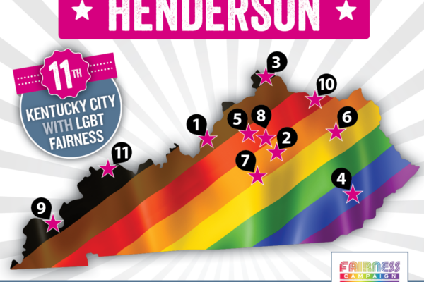 Map of Kentucky indicating of the 11 cities that have LGBTQ Fairness protections