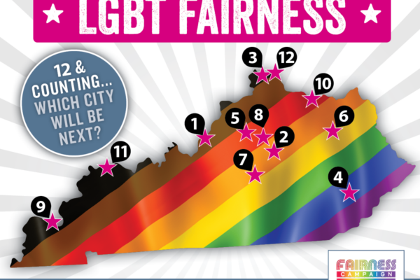 Map of Kentucky indicating 12 cities with Fairness protections