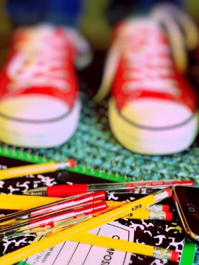 kids tennis shoes and school supplies