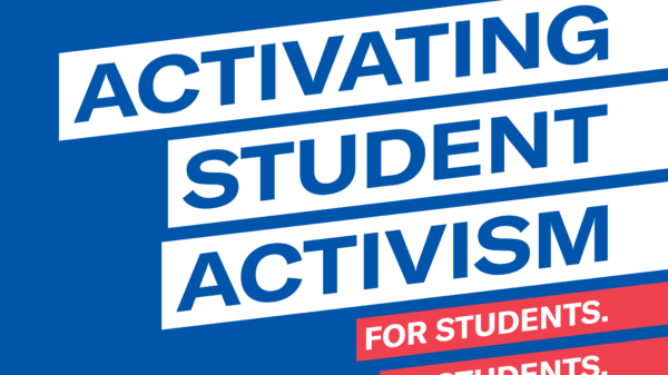 Blue background. 5 slanted bars. Top 3 bars are largest & white. Bottom two are smaller & red. Together, the blue words in the white bars read, "Activating students activism." Together, the text in the smaller, red bars, reads, "For students. By students"