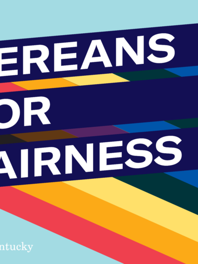 Graphic with light blue background and three slanted bars with rainbow stripes giving a 3D effect. Each bar has one line of text. Together the read, "Bereans for Fairness"