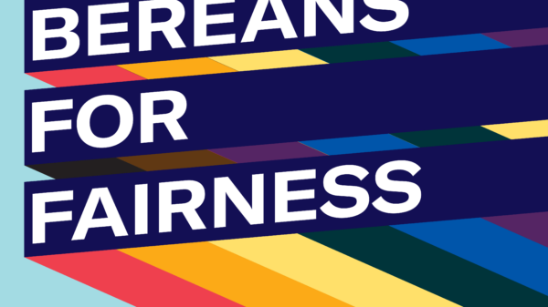 Graphic with light blue background and three slanted bars with rainbow stripes giving a 3D effect. Each bar has one line of text. Together the read, "Bereans for Fairness"