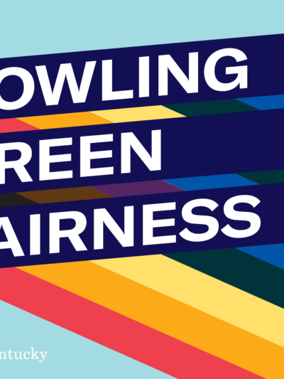 Graphic with light blue background and three slanted bars with rainbow stripes giving a 3D effect. Each bar has one line of text. Together the read, "Bowling Green Fairness"