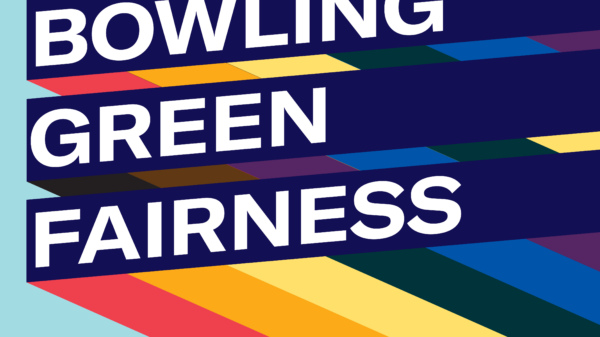 Graphic with light blue background and three slanted bars with rainbow stripes giving a 3D effect. Each bar has one line of text. Together the read, "Bowling Green Fairness"