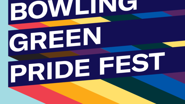 Graphic with light blue background and three slanted bars with rainbow stripes giving a 3D effect. Each bar has one line of text. Together the read, "Bowling Green Pride Fest"