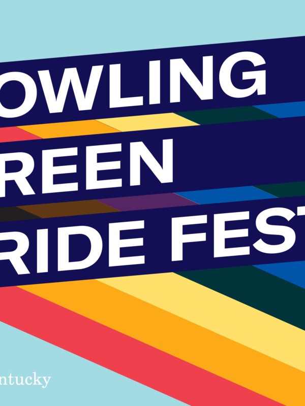 Graphic with light blue background and three slanted bars with rainbow stripes giving a 3D effect. Each bar has one line of text. Together the read, "Bowling Green Pride Fest"