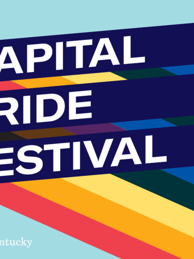 Graphic with light blue background and three slanted bars with rainbow stripes giving a 3D effect. Each bar has one line of text. Together the read, "Capital Pride Festival"
