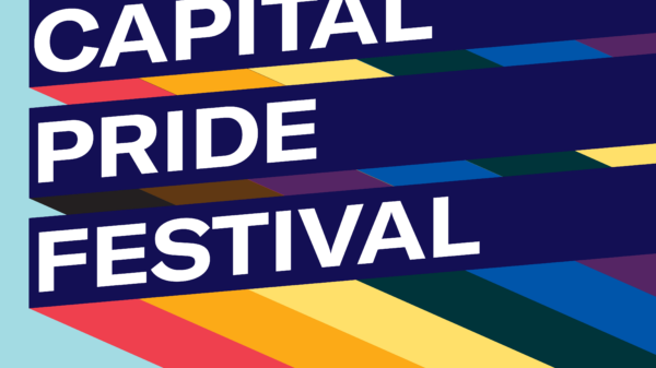 Graphic with light blue background and three slanted bars with rainbow stripes giving a 3D effect. Each bar has one line of text. Together the read, "Capital Pride Festival"