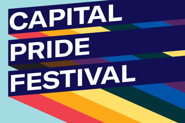 Graphic with light blue background and three slanted bars with rainbow stripes giving a 3D effect. Each bar has one line of text. Together the read, "Capital Pride Festival"