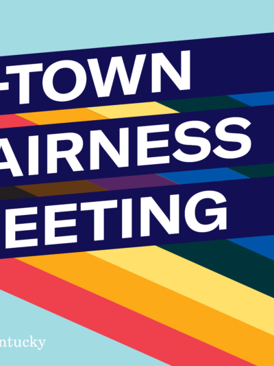 Graphic with light blue background and three slanted bars with rainbow stripes giving a 3D effect. Each bar has one line of text. Together the read, "E-Town Fairness Meeting"