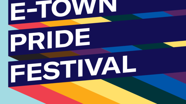 Graphic with light blue background and three slanted bars with rainbow stripes giving a 3D effect. Each bar has one line of text. Together the read, "E-Town Pride Festival"