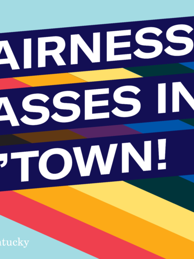 Graphic with light blue background and three slanted bars with rainbow stripes giving a 3D effect. Each bar has one line of text. Together the read, "Fairness Passes in G'Town!: