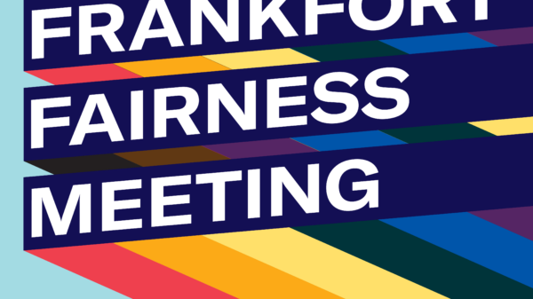 Graphic with light blue background and three slanted bars with rainbow stripes giving a 3D effect. Each bar has one line of text. Together the read, "Frankfort Fairness Meeting"