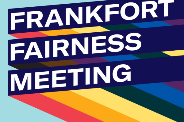Graphic with light blue background and three slanted bars with rainbow stripes giving a 3D effect. Each bar has one line of text. Together the read, "Frankfort Fairness Meeting"