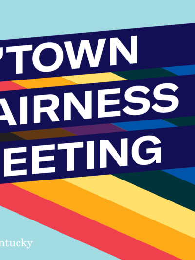 Graphic with light blue background and three slanted bars with rainbow stripes giving a 3D effect. Each bar has one line of text. Together the read, "Georgetown Fairness Meeting"