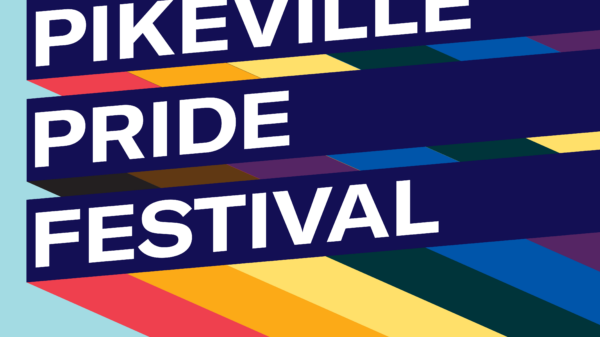 Graphic with light blue background and three slanted bars with rainbow stripes giving a 3D effect. Each bar has one line of text. Together the read, "Pikeville Pride Festival"