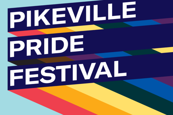 Graphic with light blue background and three slanted bars with rainbow stripes giving a 3D effect. Each bar has one line of text. Together the read, "Pikeville Pride Festival"