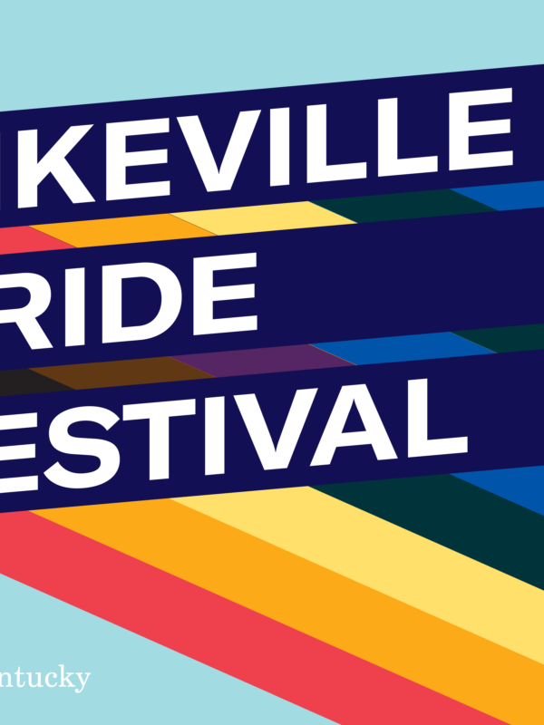 Graphic with light blue background and three slanted bars with rainbow stripes giving a 3D effect. Each bar has one line of text. Together the read, "Pikeville Pride Festival"