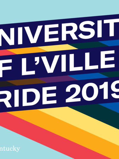 Graphic with light blue background and three slanted bars with rainbow stripes giving a 3D effect. Each bar has one line of text. Together the read, "University of L'Ville Pride 2019"