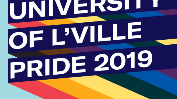 Graphic with light blue background and three slanted bars with rainbow stripes giving a 3D effect. Each bar has one line of text. Together the read, "University of L'Ville Pride 2019"