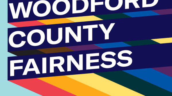 Graphic with light blue background and three slanted bars with rainbow stripes giving a 3D effect. Each bar has one line of text. Together the read, "Woodford County Fairness Meeting"
