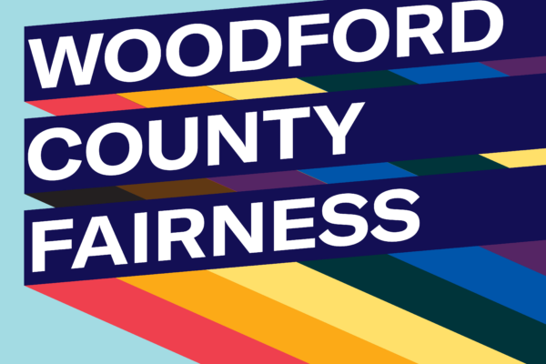 Graphic with light blue background and three slanted bars with rainbow stripes giving a 3D effect. Each bar has one line of text. Together the read, "Woodford County Fairness Meeting"