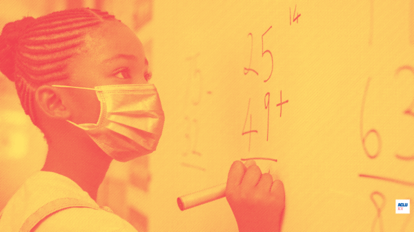 Girl in Mask at School Orange and Red Engraving