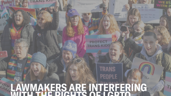 Photo of protesters holding pro-trans signage. Text: Lawmakers are interfering with the rights of LGBTQ Kentuckians...so we sued. Photo Credit: Von Smith