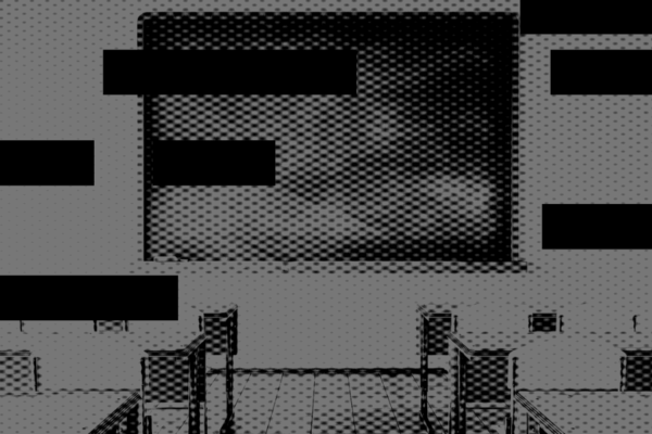 Black and white image of classroom with censor bars blocking parts of the image.