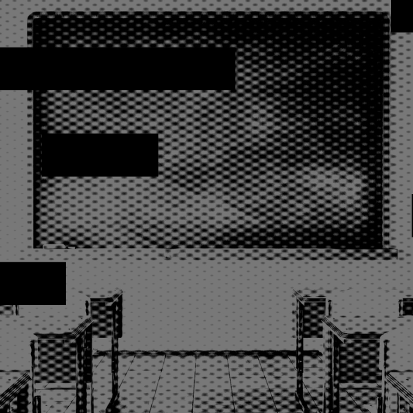 Black and white image of classroom with censor bars blocking parts of the image.
