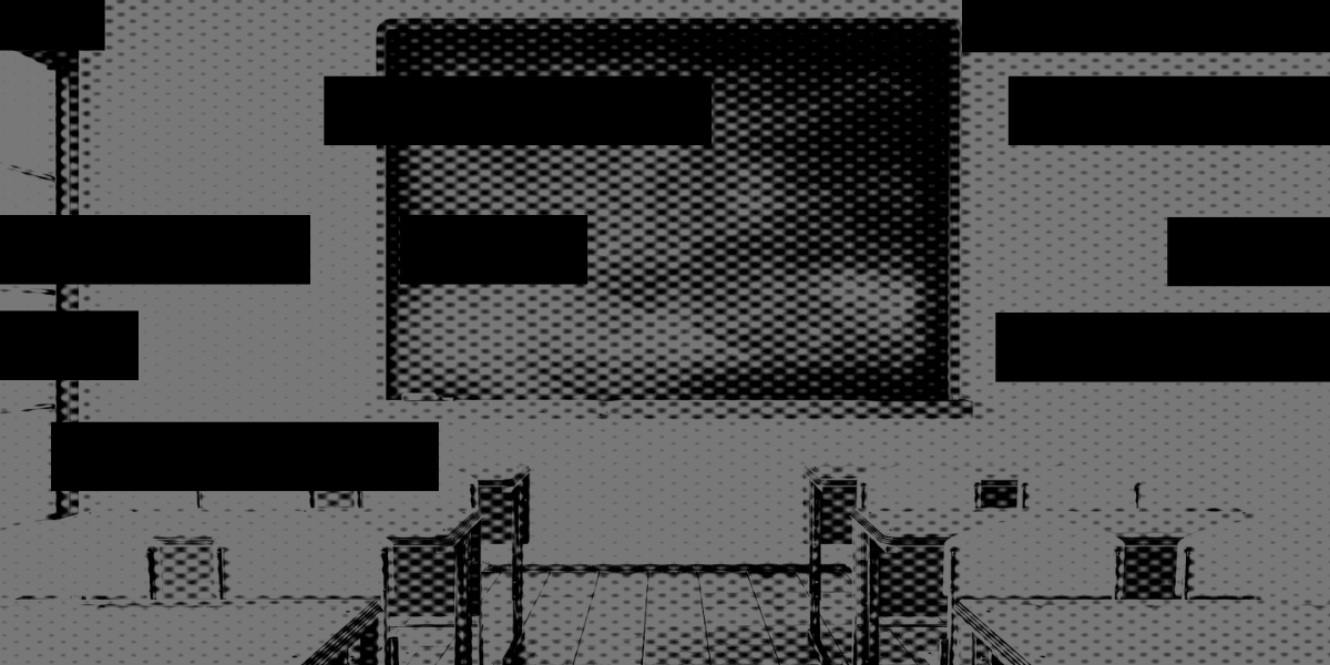 Black and white image of classroom with censor bars blocking parts of the image.