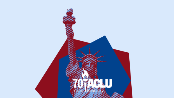 Statue of liberty in halftone red and blue with the ACLU-KY 70th anniversary logo