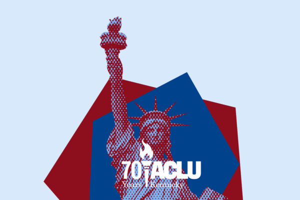 Statue of liberty in halftone red and blue with the ACLU-KY 70th anniversary logo