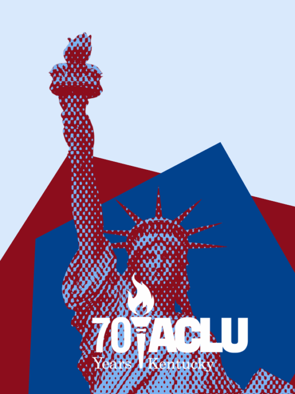 Statue of liberty in halftone red and blue with the ACLU-KY 70th anniversary logo