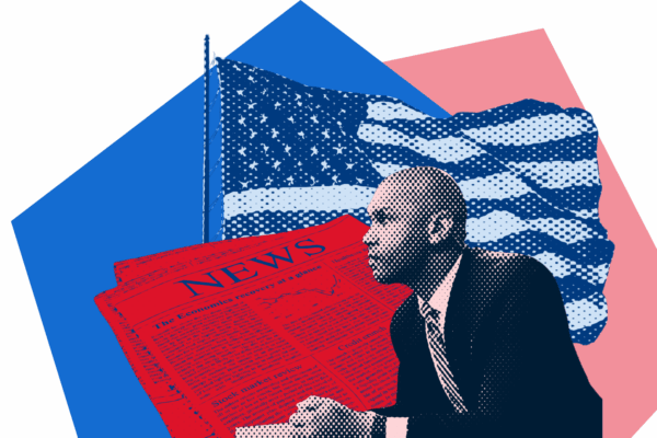 American flag with a newspaper and a Black male reporter in a halftone collage.